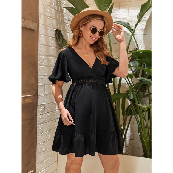 Maternity Bell Sleeve Tie Back Guipure Lace Dress black - Picture 1 of 5